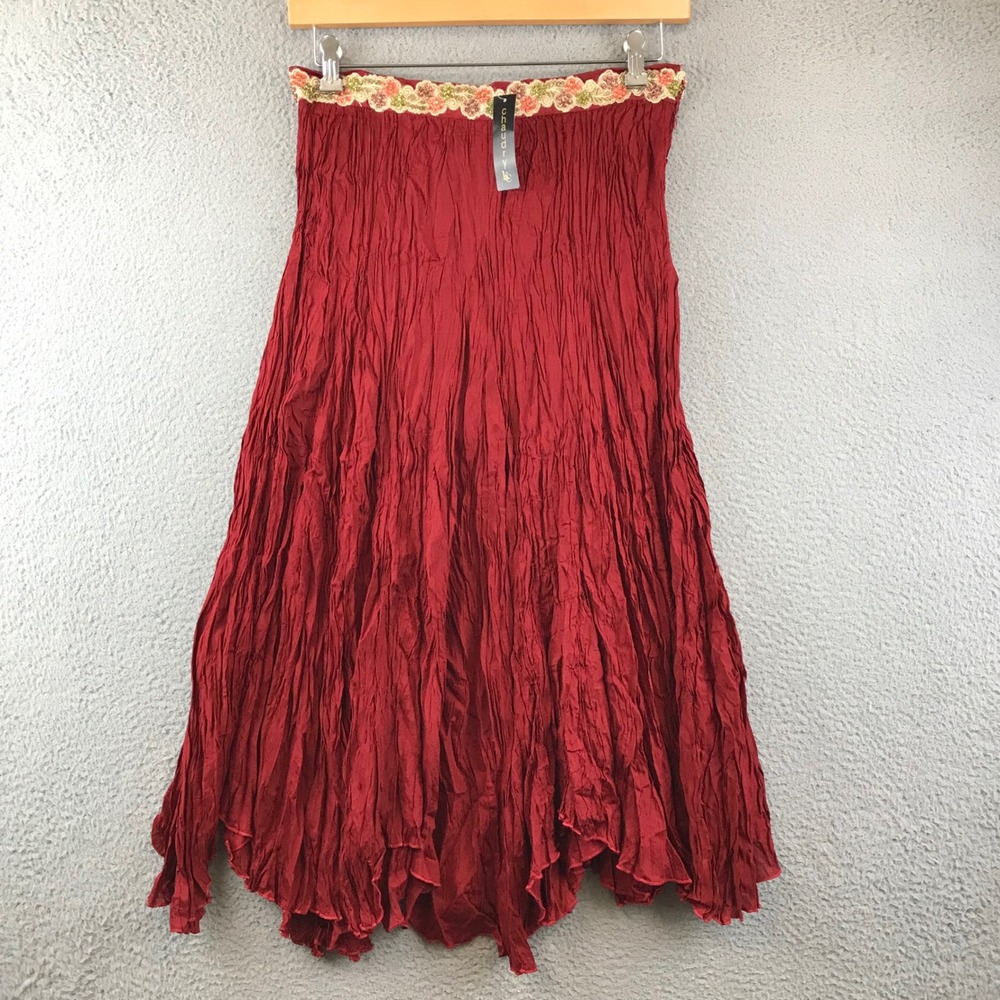 New Chaudry K.C. Red Crinkle Skirt Floral Embroidered Waist Bohemian Flared M